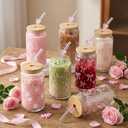 6Pcs Pink Bow Glass Cups with Lids and Straws 16oz Pink Cute Coquette Ribbon Drinking Glasses Cups Iced Coffee Cup for Women Girls Friend Bridesmaid Coffee Tumbler Birthday Party Gifts,Pink Bow