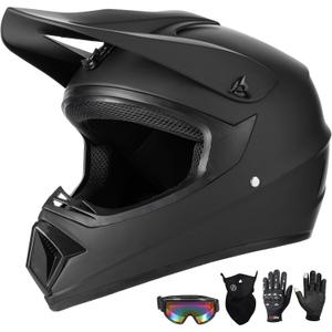 Youth Motorcycle Helmet (Goggles Gloves Face Shield) 4PCS Set, Unisex Dirt Bike Helmets Full Face Helmet, Mountain Bike Motocross Helmets, DOT Approved Helmets (Matte Black, Small) (Black)