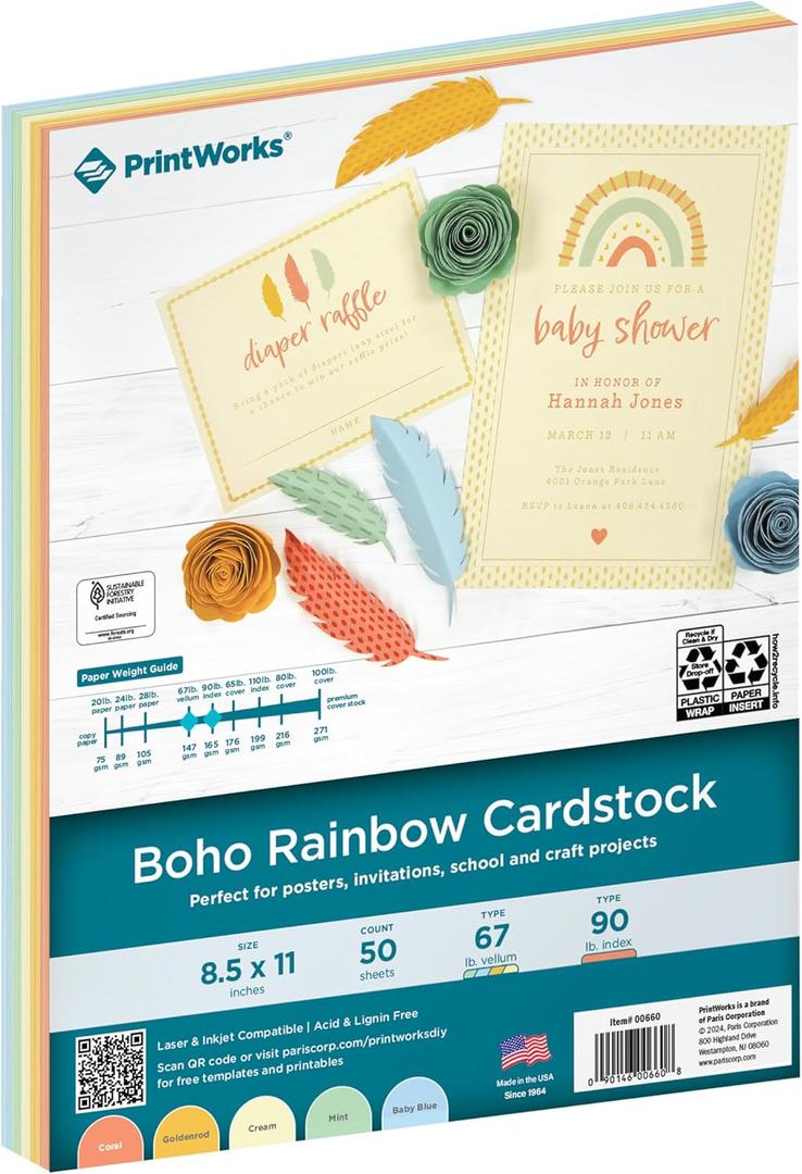PrintWorks Boho Rainbow Cardstock 8.5" x 11" - 50 Sheets - 5 Assorted Boho Tones - Ideal for School & Craft Projects - 67 lb/147 gsm & 90 lb/165 gsm - Made in the USA - SFI Certified (00660)