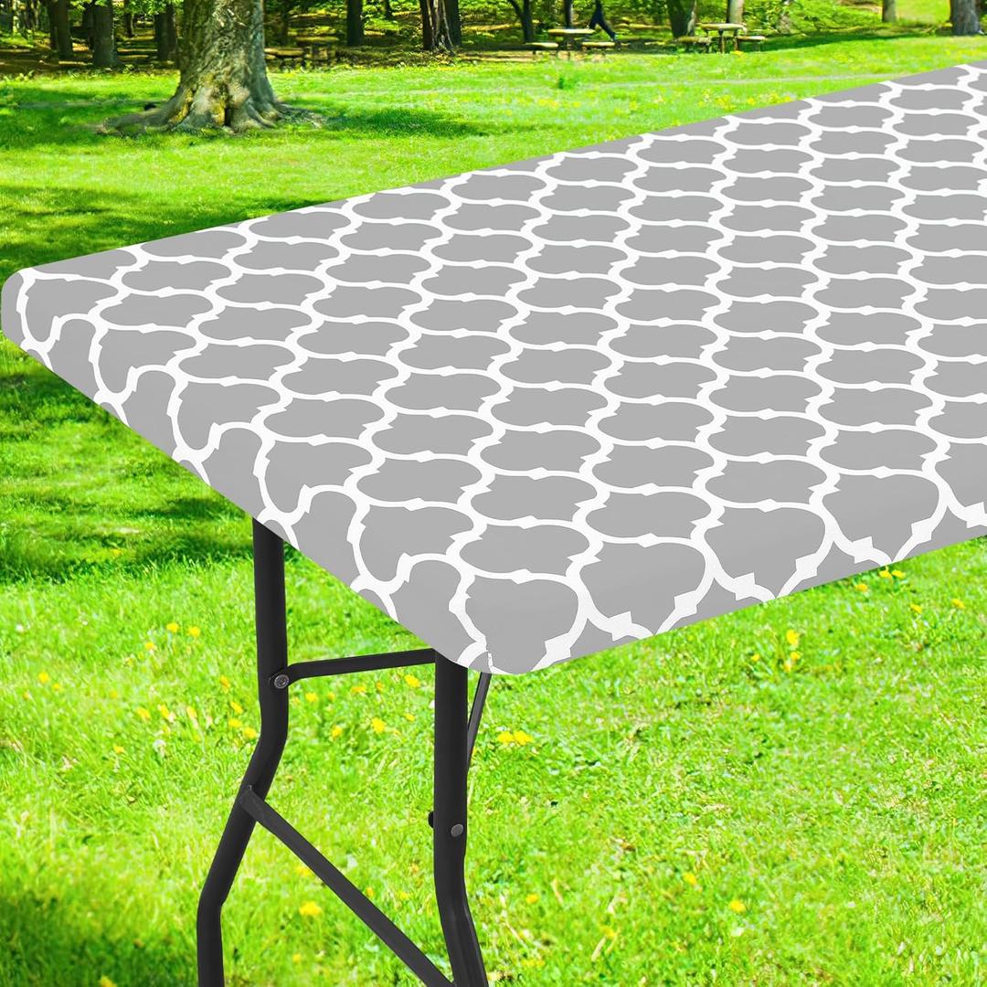 Smiry Rectangle Picnic Table Cover, Waterproof Elastic Fitted Camping Tablecloths for 4 Foot Tables, Wipeable Flannel Backed Vinyl Tablecloth Protector for Indoor, Outdoor (Light Grey, 24x48 Inches)