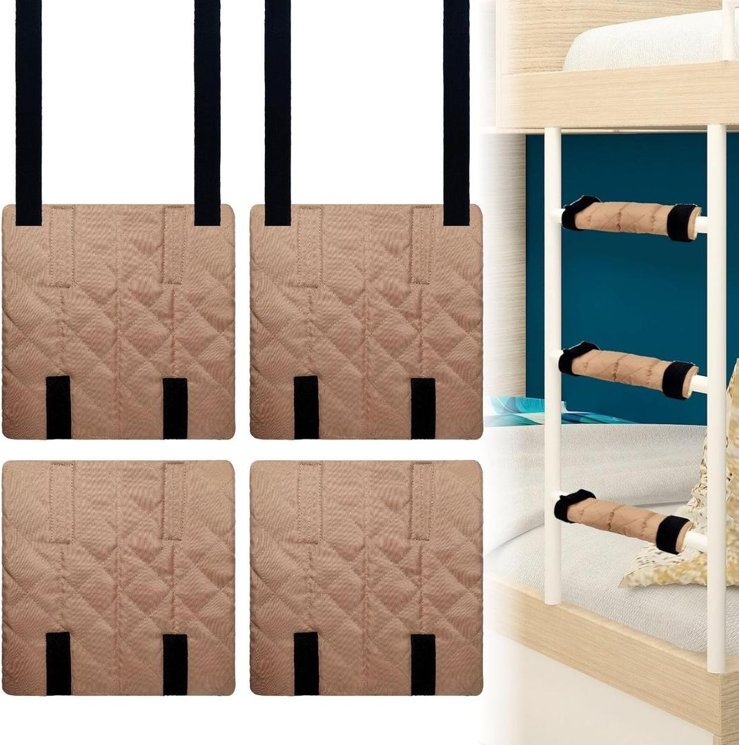 Bunk Bed Ladder Pads 4 Pack - Extra Thick Soft Ladder Covers for Feet Pain Relief, Non-Slip Quilted Padding with Strong Fastener Straps, Ideal for Dorm, Kids Room, RV Ladder (Brown, 10"x10")