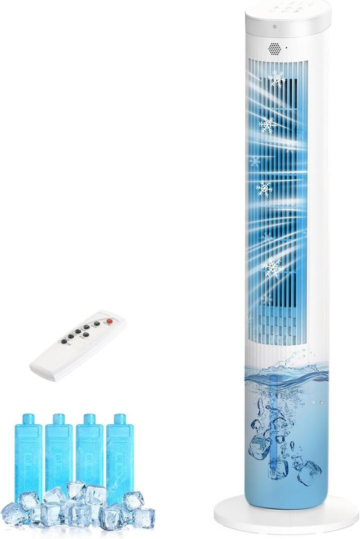 Windowless Air Conditioners, 41" Evaporative Air Cooler, 3-in-1 Cooling Fans, 4 Mode, 3 Speed, 4 Ice Packs, 7H Timer, 60 Oscillation, Remote, Portable Ac Unit for Room, Bedroom, Indoor White