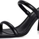 Athlefit Women's Square Open Toe Two Strap Heeled Sandals Slip On Block Chunky Black Heels Sandals Size 8.5