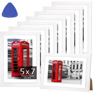 HOMERHYME 5x7 Picture Frame Set of 8, White Photo Frames for Gallery Wall Mounting or Table Display, Display Pictures 4x6 with Mat or 5x7 Without, Poster Frames with Plexiglass for Home Office Decor