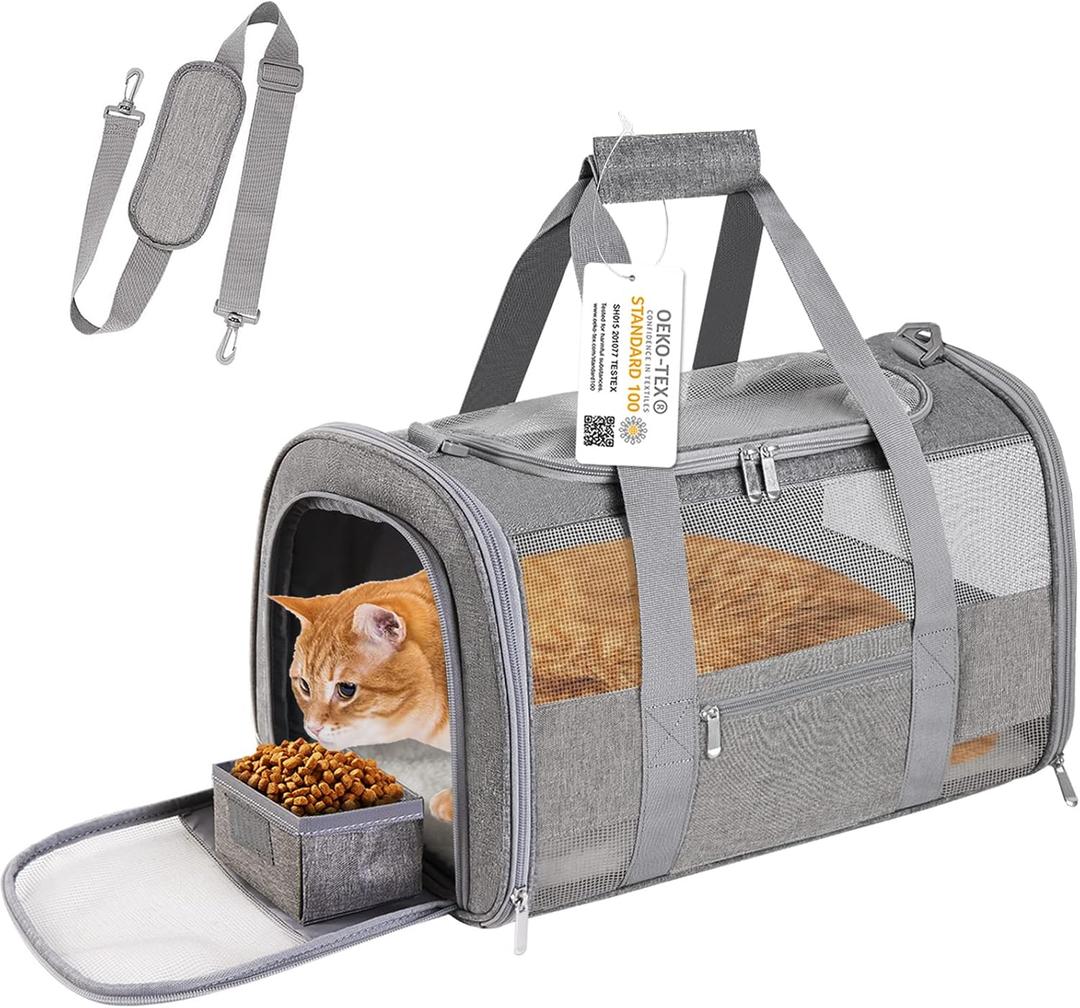 CUSSIOU Airline Approved Cat Carrier Backpack for Small Dogs & Cats, TSA Compliant Pet Travel Carrier with Simple Feeding Bowl Breathable Mesh & Safety Leash（Grey，18lbs）