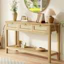 SUPERJARE Rattan Console Sofa Table with Outlets and USB-C Port, 3 Drawer Entryway Table with Synthetic Rattan Surface, Open Shelf, Behind Couch Entry Foyer Hallway Storage, Natural, 11"D x 47.2"W x 31.5"H