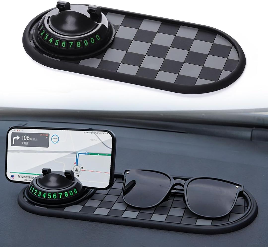 Multifunctional Car Anti-Slip Mat,Car Anti Slip Mat Phone Holder, with Temporary Parking Number, 360 Rotating Adjustable Universal Fit Anti-Slip Mat for Phones, Sunglasses and Keys Gadget