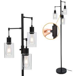 3 Lights Floor Lamp, Industrial Tree Lamp for Living Room Bedroom, Black Modern Dimmable Farmhouse Standing Lamp, Tall Pole with Clear Glass Shade