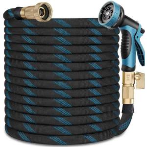 Garden Hose 100 ft, Leak Proof, Kink-Free Water Hose with 10 Function Spray Nozzle, Lightweight, Flexible, Fabric Portable Hose for Gardening, Blue