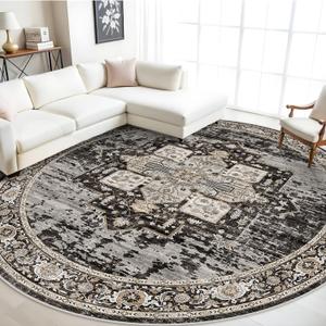 RUUGME Washable 9ft Round Rug - Large Boho Rugs for Living Room Stain Resistant Carpet Vintage Tribal Rugs for Bedroom Kitchen Dining Room with Non Slip Backing Decor Floor Mat 9ft Black