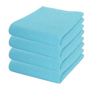 PurpleEssencs Waffle Weave Kitchen Towel, 100% Cotton - 15 x 25 Inches, with Hanging Loop Ultra Soft Absorbent Quick Drying Dish Cloth, Tea and Hand Towels for Kitchen, 4 - Pack - Aqua Blue