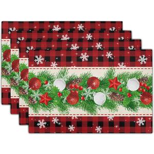 Christmas Placemats Set of 4 - Xmas Bells Place Mat 12x18 Inch Buffalo Plaid Pinecone Table Mat for Party Kitchen Dining Home Holiday Party Decor
