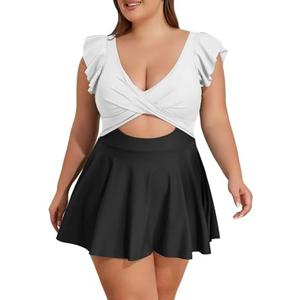 B2prity Women's Plus Size Swimsuit Tummy Control One Piece Swimdress Ruffle V Neck Cutout Wrap Bathing Suit with Skirt 18 W