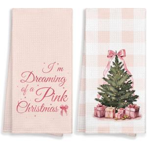 Pink I'm Dreaming of A Pink Christmas Tree Winter Kitchen Towels Set of 2 Decor Gifts for Women Girls, Cute Coquette Bow Trendy Festive Decorative Dish Hand Towels for Bathroom 16x24 Inch