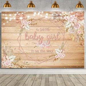 MEHOFOND 7x5ft Rustic Wood Boho Baby Girl Shower Backdrop with Pink Pampas Grass Flowers