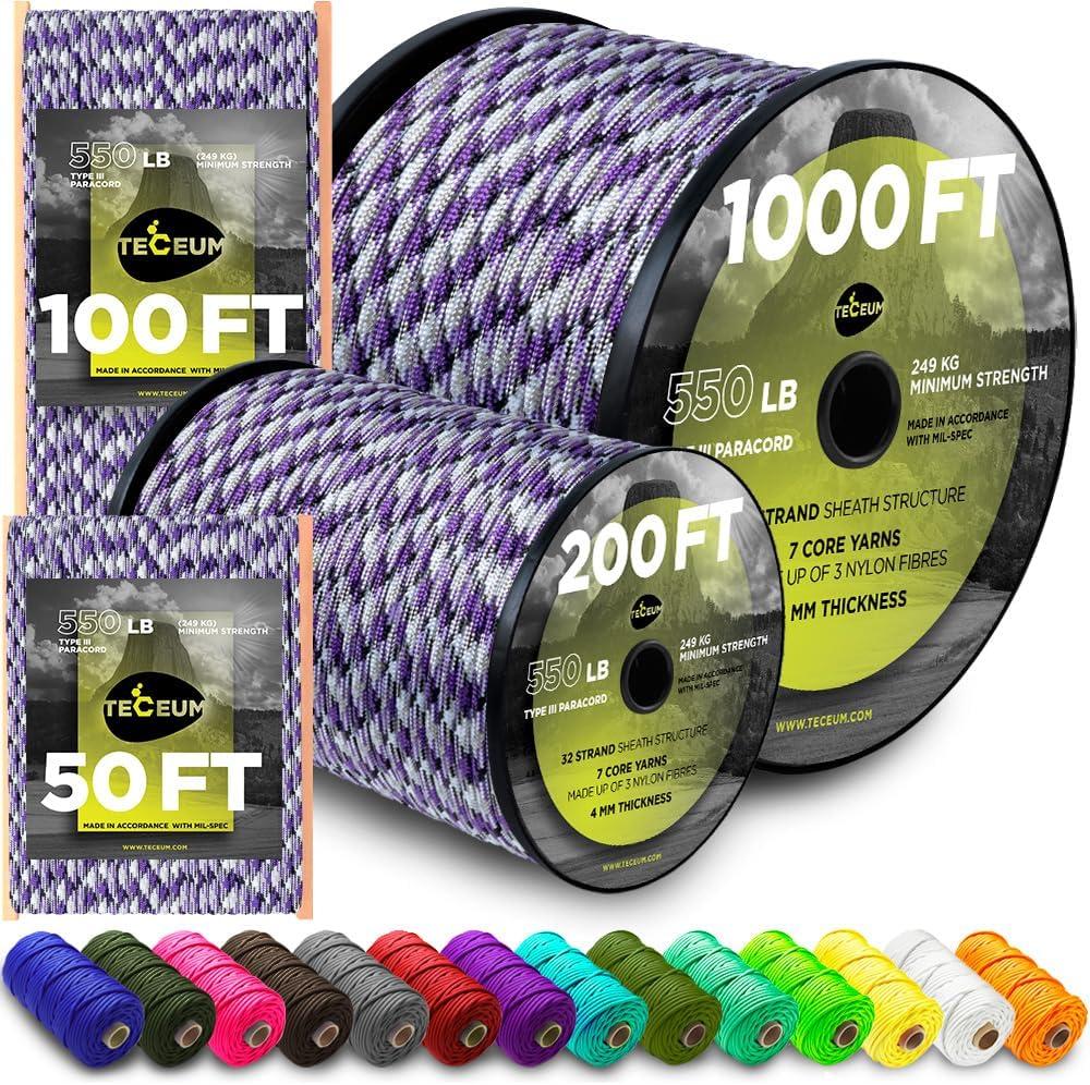 Paracord Rope 550 lb 4mm Parachute Cord Utility Camping Rope | 550 Paracord Type III, 50ft to 1000ft, 45+ Colors, Survival and Tactical Outdoor Gear, Nylon Core Para Cord for Clothesline