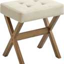 SONGMICS Makeup Stool, Padded Vanity Stool, Foot Rest, Solid Wood X Legs, for Bedroom, Closet, Entryway, 12.6 x 16.5 x 18.1 Inches, Summer Sand and Brown ULSF006LF01