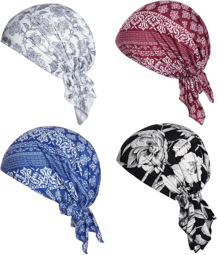 4pcs Pre-Tied Chemo Head Scarf Beanie Covers Cap Head Scarves Sleep Turban Hat Women Bandana with Stretch Print Ruffle (Blue)