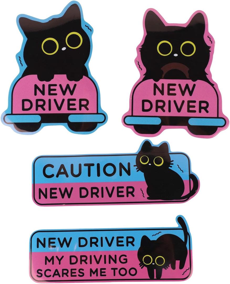 4pcs Black Cat New Driver Car Magnets, Cute Cartoon Shivering Cat Caution Student Driver Safety Signs Reusable Magnetic Bumper Stickers Funny Car Decals for Beginners Novice Drivers Pink Gifts