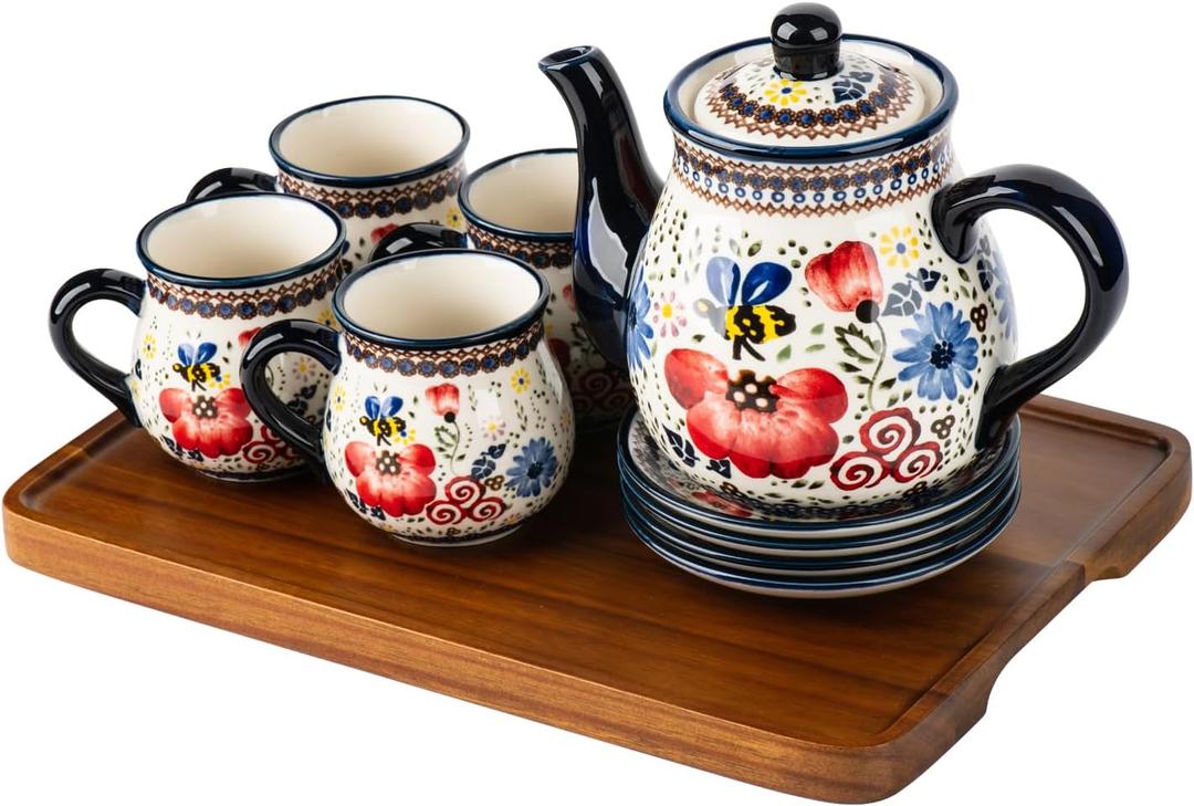 polish pottery style porcelain ceramic 10 piece Tea set,7.2oz tea cup and sauce set of 4,28.2oz teapot and 1wooden tray (Honey Bee Flower) (Black)