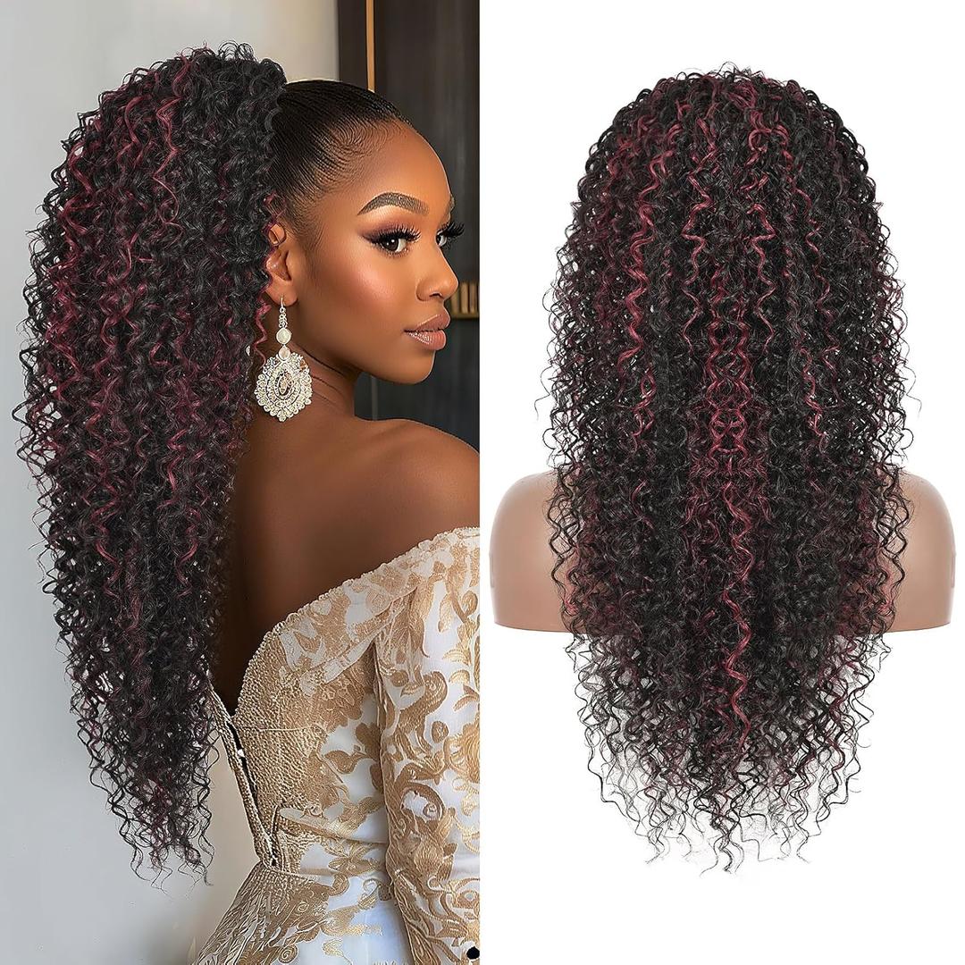Youthfee Drawstring Ponytail for Women Deep Curly Ponytail Extension Synthetic Mixed with Human Hair Ponytails Cherry Red Highlights Afro Kinky Curly Pony for Daily wear,27 Inches