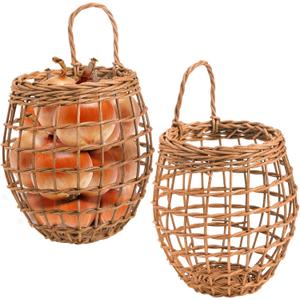 Elsjoy Set of 2 Hanging Onion Basket, Wall Mount Small Wicker Baskets for Food Storage, Woven Rattan Basket for Kitchen, Pantry, Home Decor