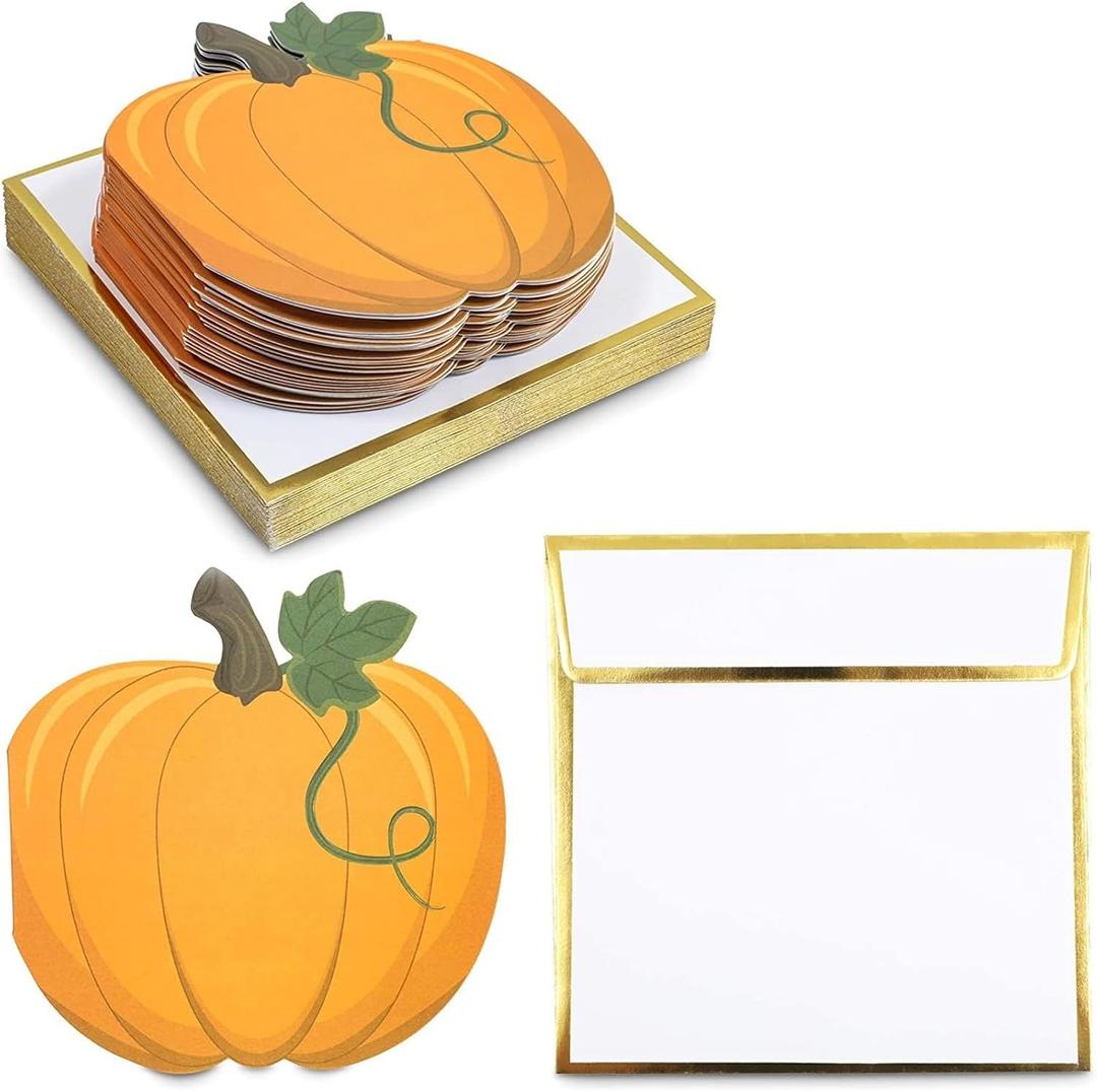24 Pack Pumpkin Notecards with Gold Foil Envelopes, Thanksgiving Note Cards, Fall Greeting Cards for Autumn Stationery, Halloween Party (4.75 x 4.75 Inch)