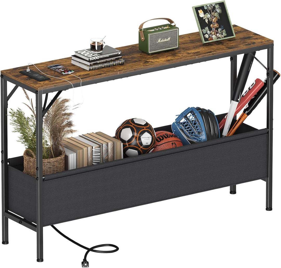Asgolion Narrow Console Table, 47.2" Long Entryway Table with Storage & Power Outlets, Hallway Table, Mordern Industrial Sofa Tables for Living Room, Bedroom, Foyer, Office, Anti-tip Kit, Rustic Brown