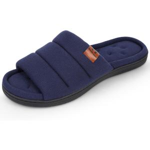 Mens Open Toe Slippers, Comfy Supportive Foam Bedroom Slide Slippers, Non-Slip Indoor House Shoes (9-10, Navy)