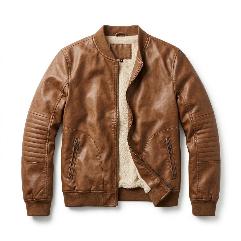 Brown faux leather bomber jacket with fleece lining, ribbed waistband and cuffs, zippered front pockets, S