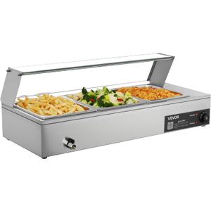 VEVOR Commercial Food Warmer, 1500W Electric Stainless Steel Steam Food Warmer with Glass Cover, Countertop Buffet Bain Marie with Three 1/2 Size Food Pans, for Catering, Restaurant, Party & Buffets