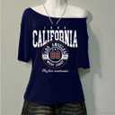 Women's Off The Shoulder Tops Preppy Letter Graphic Tees Summer Casual Short Sleeve Tshirts (Blue, M)