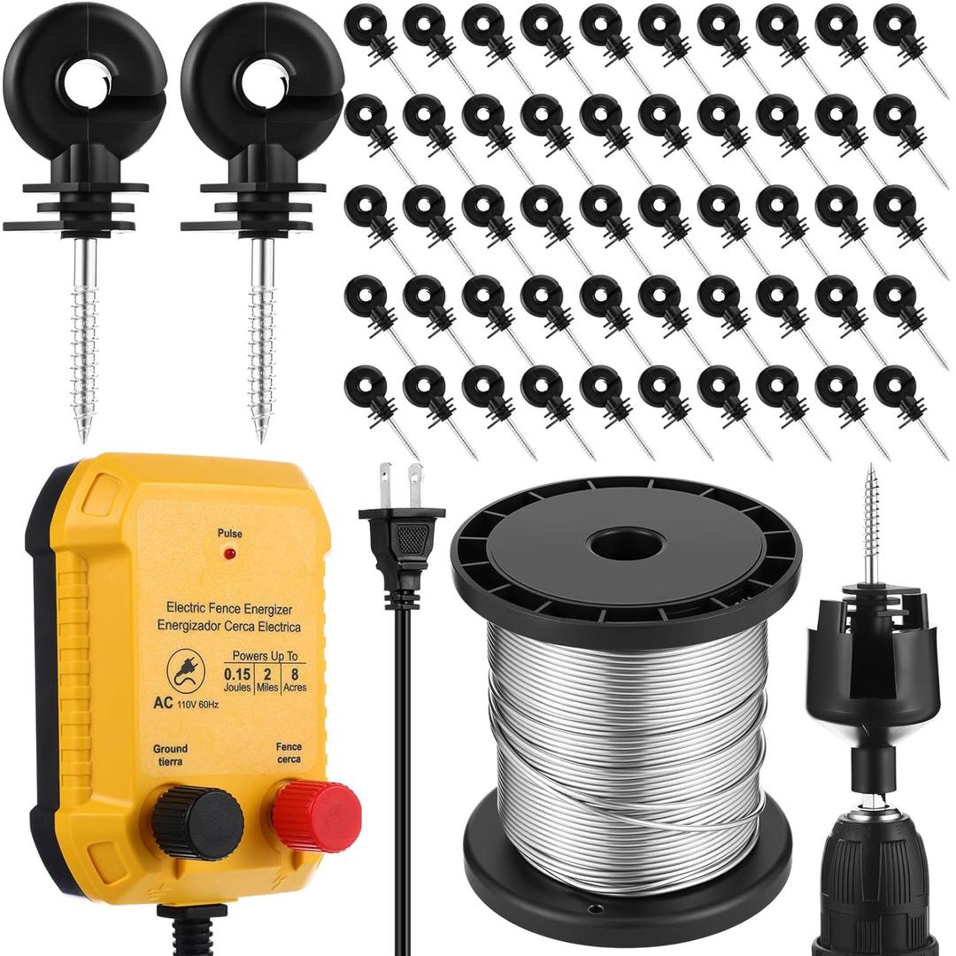MorningRo Electric Fence for Preventing Animals Intruding 2 Mile 110VAC 0.15 Joule Electric Plug in Fence, 50 Black Insulator and 1 Socket Tool 250ft Aluminum Wire for Animals and Keep Out Predators