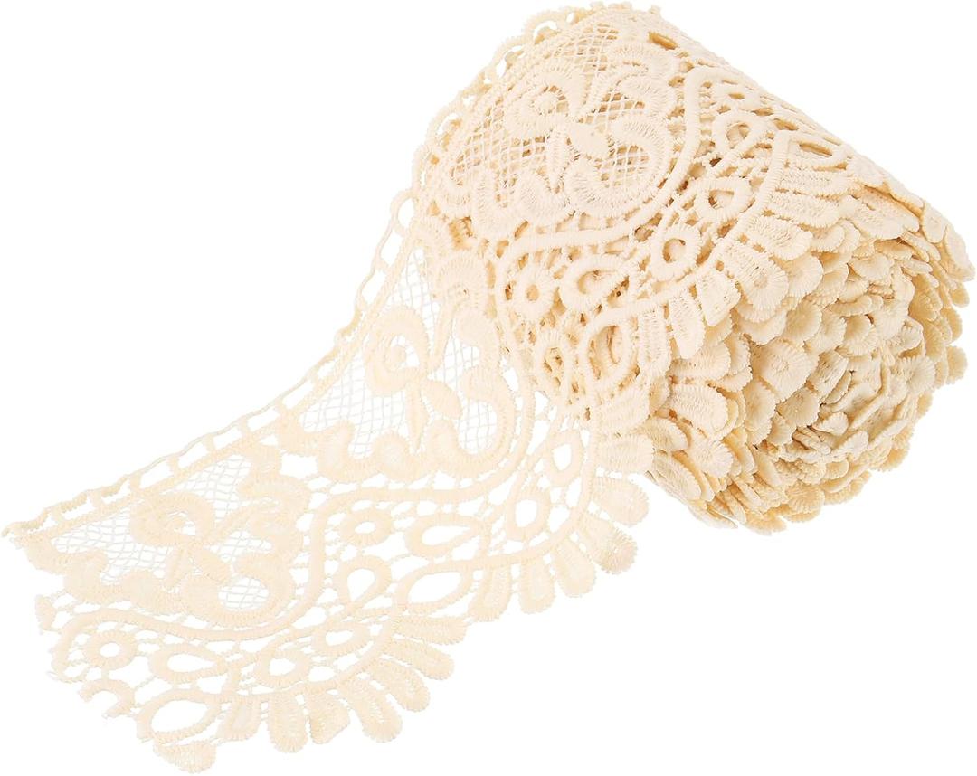MECCANIXITY 4 Inch Wide 5 Yard Lace Ribbon Floral Pattern Light Beige Lace Trim Ribbon Milk Silk Lace Trim for Sewing Making, DIY Crafts,Gift Wrapping, Wedding Decor