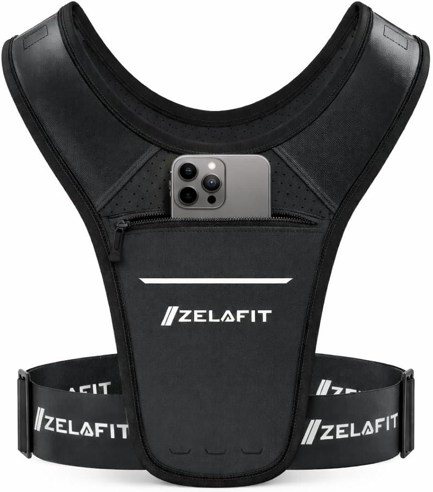 ZelaFit Running Phone Holder Vest for Women & Men Lightweight Running Gear and Everyday Running Essentials Chest Rig Phone Holder for Running (Black) Small-Medium