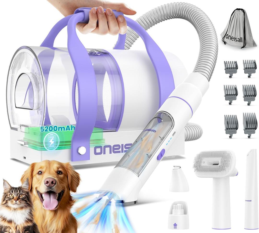 oneisall Cordless Dog Grooming Vacuum,5200 mAh Dog Grooming Kit with Clippers,Nail Grinder,Trimmer,2L Dustbin for Shedding with Grooming Tools-Quiet Suitable for All Breeds,Cleaning at Home Comfy C1 (Purple)