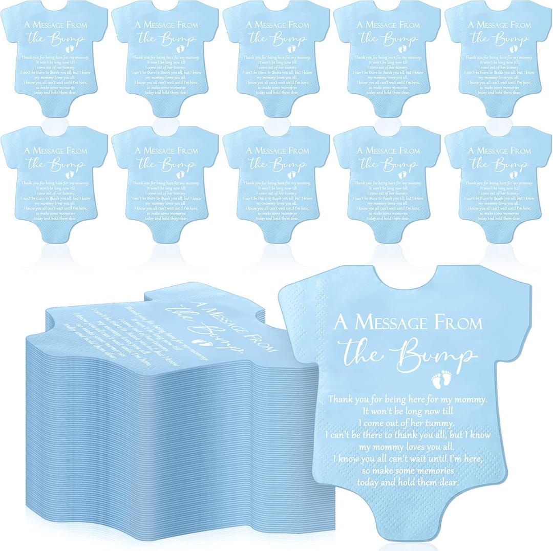 Colarr 100 Pcs Small Baby Shower Napkins Bodysuit Shape Gender Reveal Decorations Party Napkins a Message from the Bump Cocktail Disposable Paper for Baby Shower Thank You Gift(Blue)