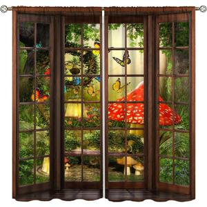 Forest Landscape Curtains for Bedroom,Fantasy 3D Magic Green Fairytale Forest Mushroom Butterfly Window Drapes Print for Kids Living Room 42x45in