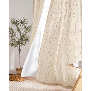 jinchan Lined Curtains Botanical Embroidered Sheers for Bedroom 96 Inch Length Embroidery Voile Leaf Curtains for Living Room Light Filtering Privacy Window Treatments 2 Panels Beige