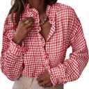 Astylish Womens Plaid Ruffle V Neck Button Down Blouse Casual Long Sleeve Gingham Trendy Tops Work Checkered Shirt (Medium)