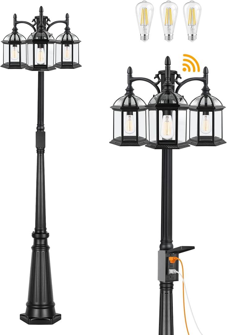Dusk to Dawn Outdoor Lamp Post Light with GFCI Outlet, Triple Head Aluminum Street Light Post for Outside with Sensor, Waterproof Birdcage Pole Lighting Fixture for Backyard Garden Patio Driveway