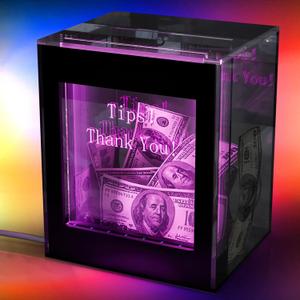Lighted Up Tip Jar for Money with Lock and LED Light Acrylic Donation Box with Sign Holder ''Tips! Thank You!'' USB Powered Suggestion Box for Bartender Band Coffee Shop Restaurant