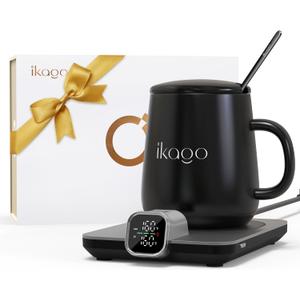 Coffee Mug Warmer & iKago Mug Set, Accurate Temperature Control Smart Heated Mug for Desk, Electric Coffee Warmer with Auto Shut Off & Real-Time Temp Display, Gifts for Men Women, 15oz Ceramic Mug