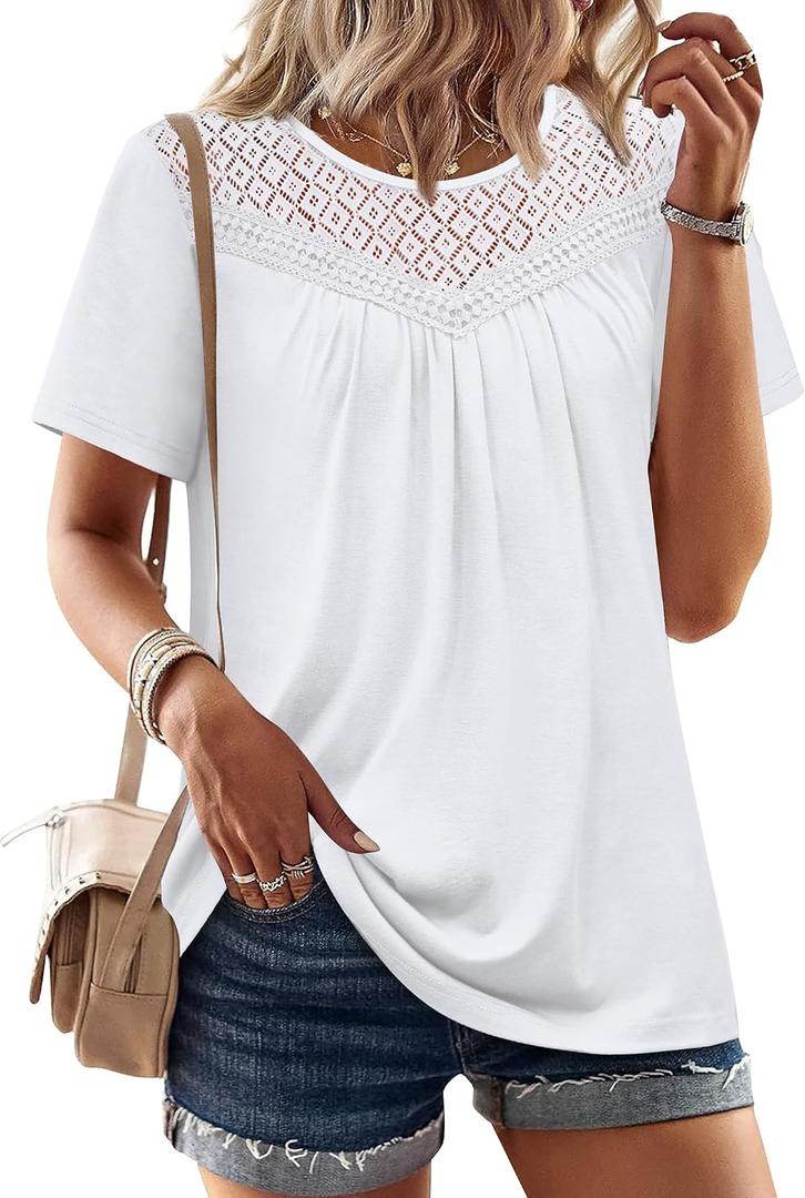 WIHOLL Womens Tops Short Sleeve Lace Shirts Summer Spring Tops Boho Trendy Beach Vacation Clothes Loose Fit (White, M)