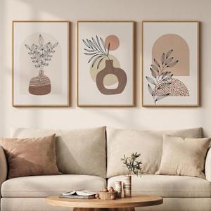 Framed Neutral Boho Wall Art Bedroom, 3 Piece Abstract Bohemian Brown Botanical Vase Canvas Artwork for Walls, Large Earth Tone Boho Pictures for Living Room Home Office Hallway Wall Decor, 16x24 Inch