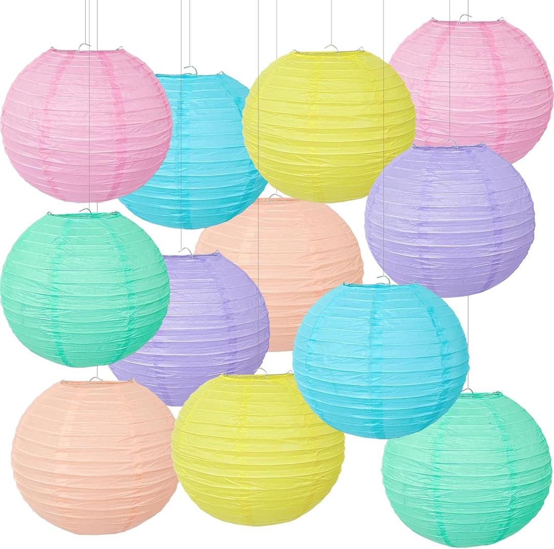 12 Pcs Pastel Paper Lanterns, 10" Macaron Hanging Round Chinese Lanterns Set, Colorful Decorative Party Supplies for Baby Shower, Classroom, Birthday & Wedding Decorations