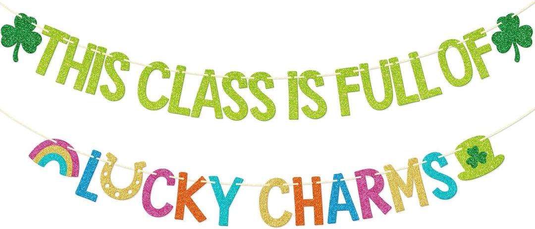 StarryOcean St Patricks Day Classroom Banner - This Class is Full of Luck Charm Banner, St. Patrick's Day Classroom Decorations, Lucky Green Shamrock Clover Garland for March Bulletin Board