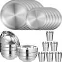24 PCS Stainless Steel Dinnerware Set, Includes 12PCS 6.7 & 10.2 in Plates, 6 Pieces Bowls and 6 Pieces Cups, 304 Reusable Camping Mess Kits for Home Kitchen, Dorm and Outdoor Picnic (Silver)
