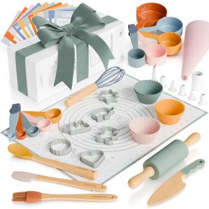 Wooden Baking Set for Kids - A Complete Set of Real Kitchen Utensils Gives Toddlers a Fun Cooking Experience - Durable Safe to Use Tools are Perfect for Gifting to Create Lasting Family Memories (Colorful)