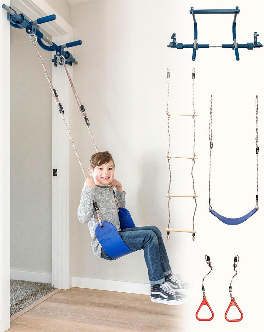 Gym1 Indoor Doorway Gym Set - Sensory Swing & Grip Rings - Adjustable Door Frame Pull-Up Bar for Kids & Adults - Door Frame Jungle Gym with Agility Ladder - 4-Piece, Blue